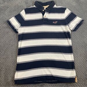 Hollister Polo Shirt Mens Size L Navy Blue Striped Short Sleeve Red Logo Y2K